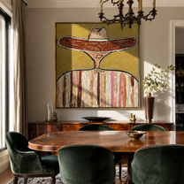 Brown Brim Circles Ivory - earth tone sombrero painting by Elliot Vale, modern figurative square wall art - styled room scene view 1