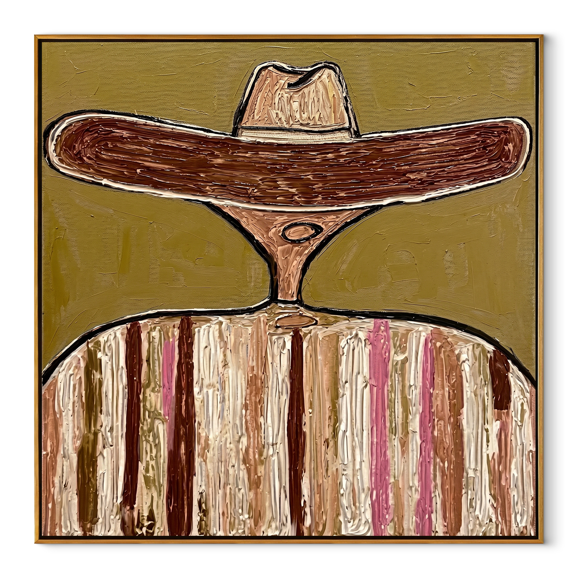 Brown Brim Circles Ivory - earth tone sombrero painting by Elliot Vale, modern figurative square wall art - framed artwork on white background