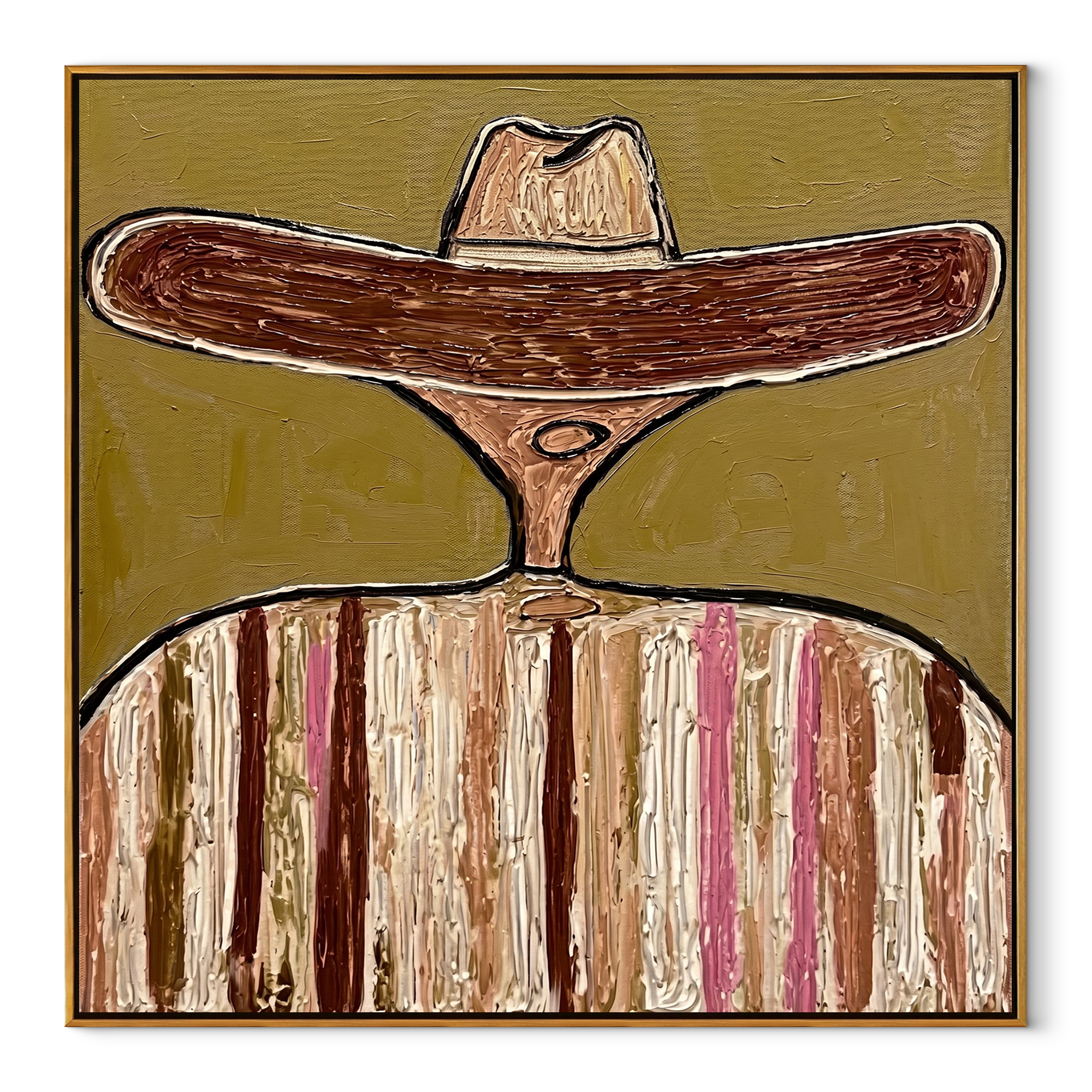 Brown Brim Circles Ivory - earth tone sombrero painting by Elliot Vale, modern figurative square wall art - framed artwork on white background