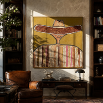 Brown Brim Circles Ivory - earth tone sombrero painting by Elliot Vale, modern figurative square wall art - styled room scene view 2
