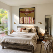 Brown Brim Circles Ivory - earth tone sombrero painting by Elliot Vale, modern figurative square wall art - styled room scene view 3
