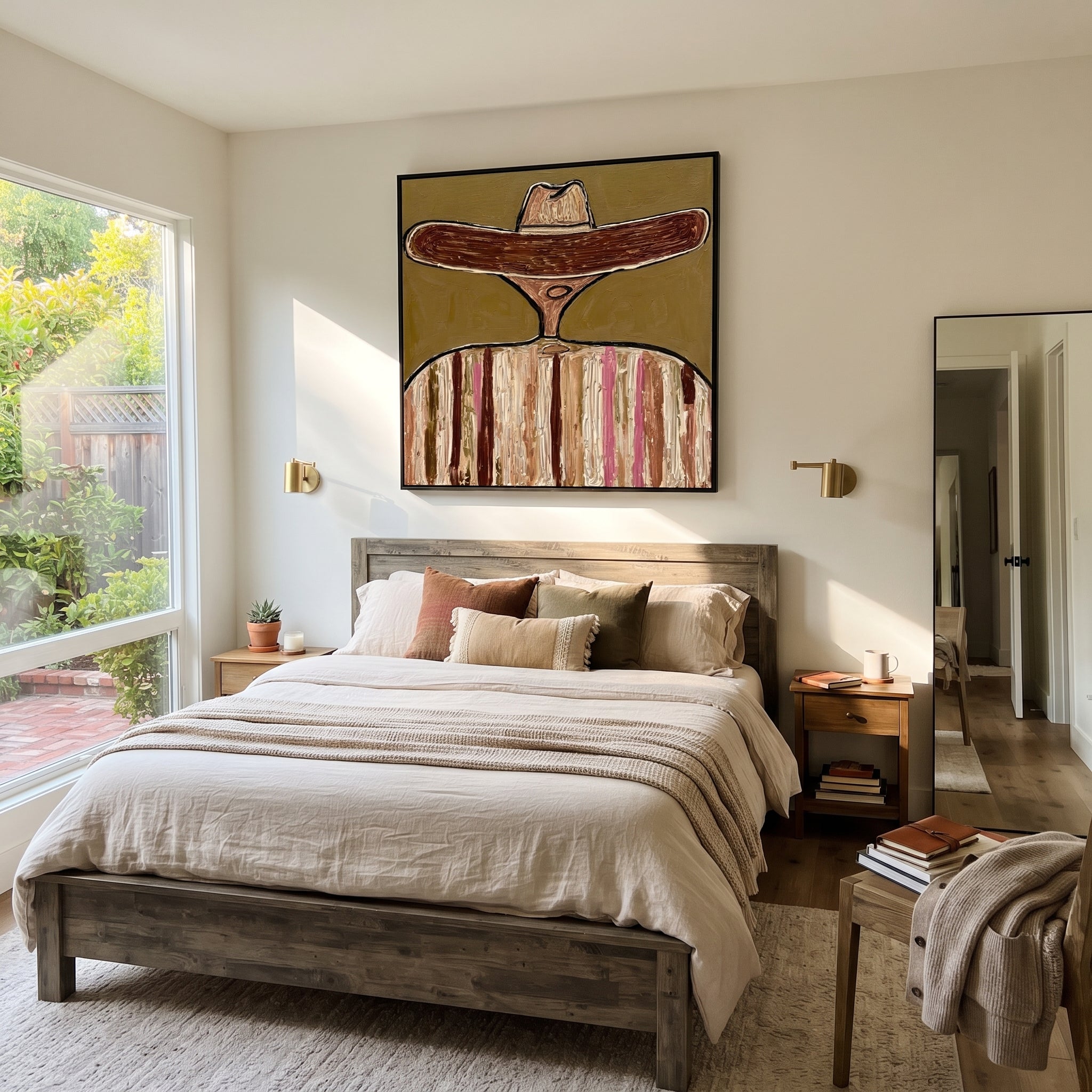 Brown Brim Circles Ivory - earth tone sombrero painting by Elliot Vale, modern figurative square wall art - styled room scene view 3