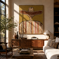 Brown Brim Circles Ivory - earth tone sombrero painting by Elliot Vale, modern figurative square wall art - styled room scene view 4