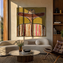 Brown Brim Circles Ivory - earth tone sombrero painting by Elliot Vale, modern figurative square wall art - styled room scene view 5