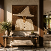 White Peak Holds Buttons - textured white hat figure painting by Elliot Vale, modern figurative square wall art - styled room scene view 1