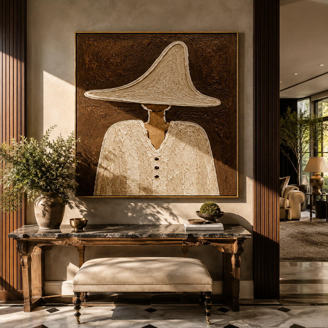 White Peak Holds Buttons - textured white hat figure painting by Elliot Vale, modern figurative square wall art - styled room scene view 1