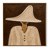 White Peak Holds Buttons - textured white hat figure painting by Elliot Vale, modern figurative square wall art - framed artwork on white background