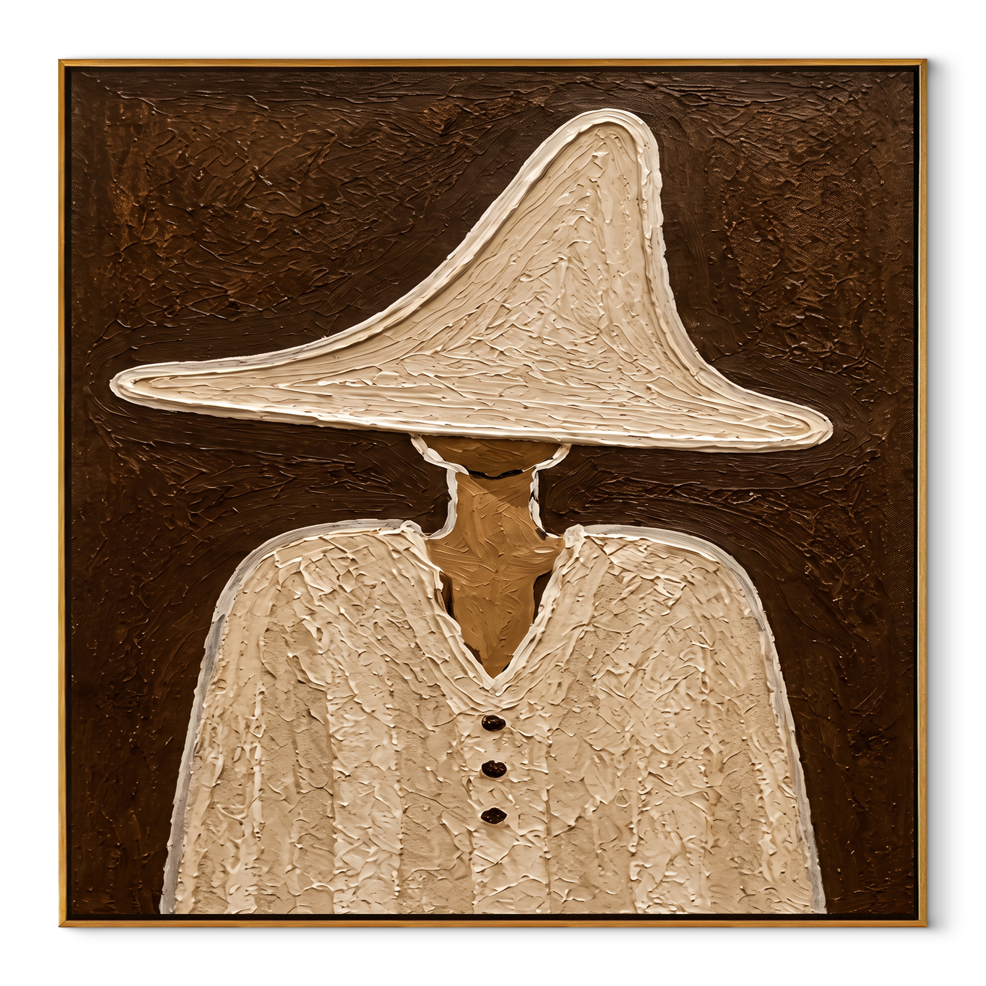 White Peak Holds Buttons - textured white hat figure painting by Elliot Vale, modern figurative square wall art - framed artwork on white background