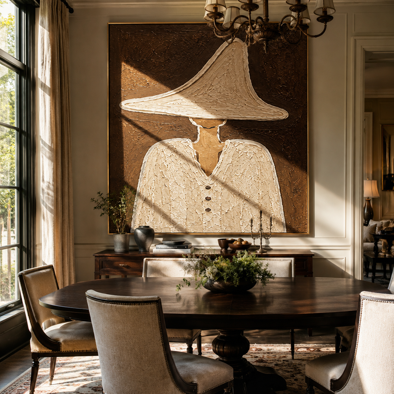 White Peak Holds Buttons - textured white hat figure painting by Elliot Vale, modern figurative square wall art - styled room scene view 2