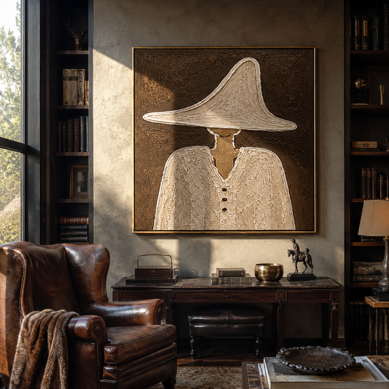 White Peak Holds Buttons - textured white hat figure painting by Elliot Vale, modern figurative square wall art - styled room scene view 3