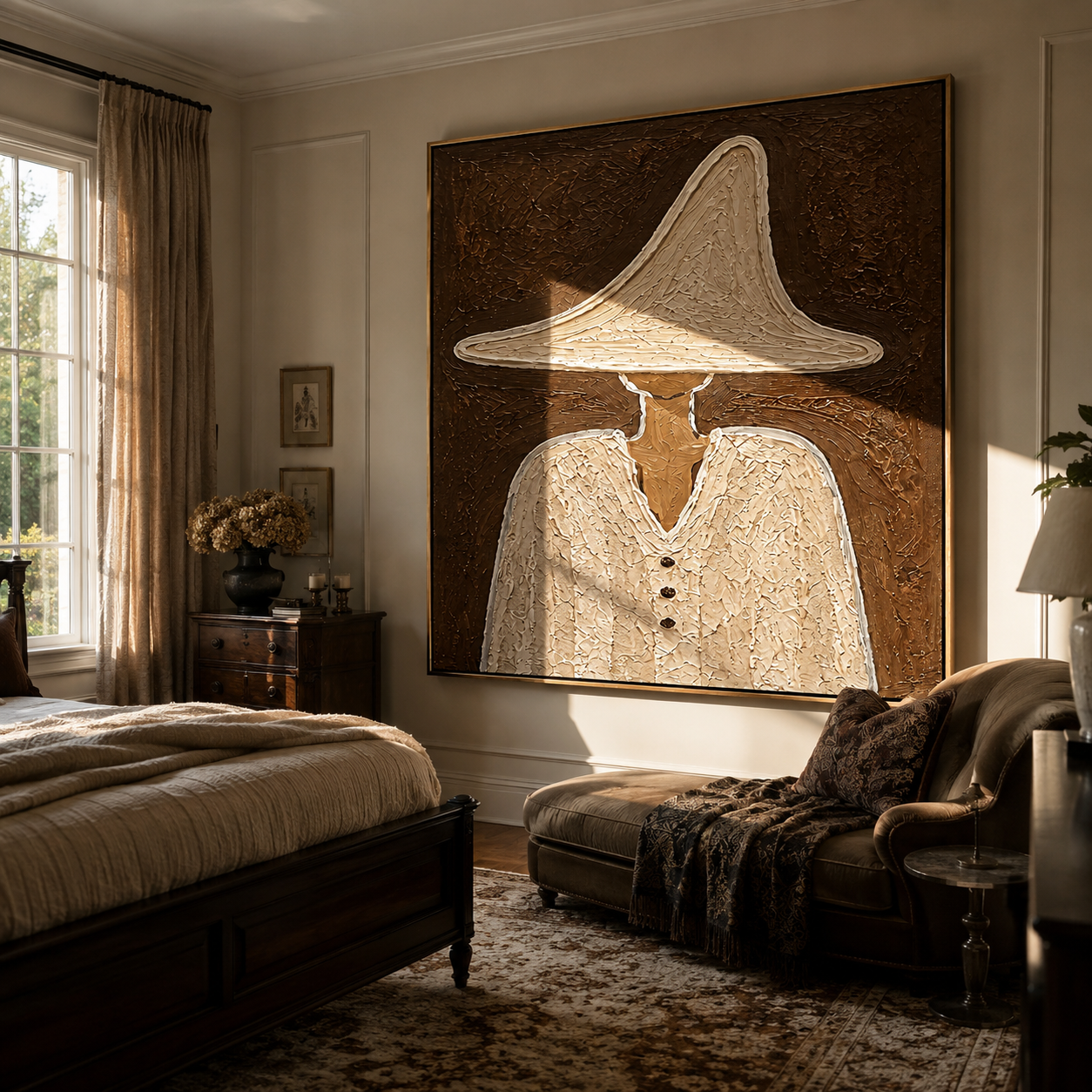 White Peak Holds Buttons - textured white hat figure painting by Elliot Vale, modern figurative square wall art - styled room scene view 4