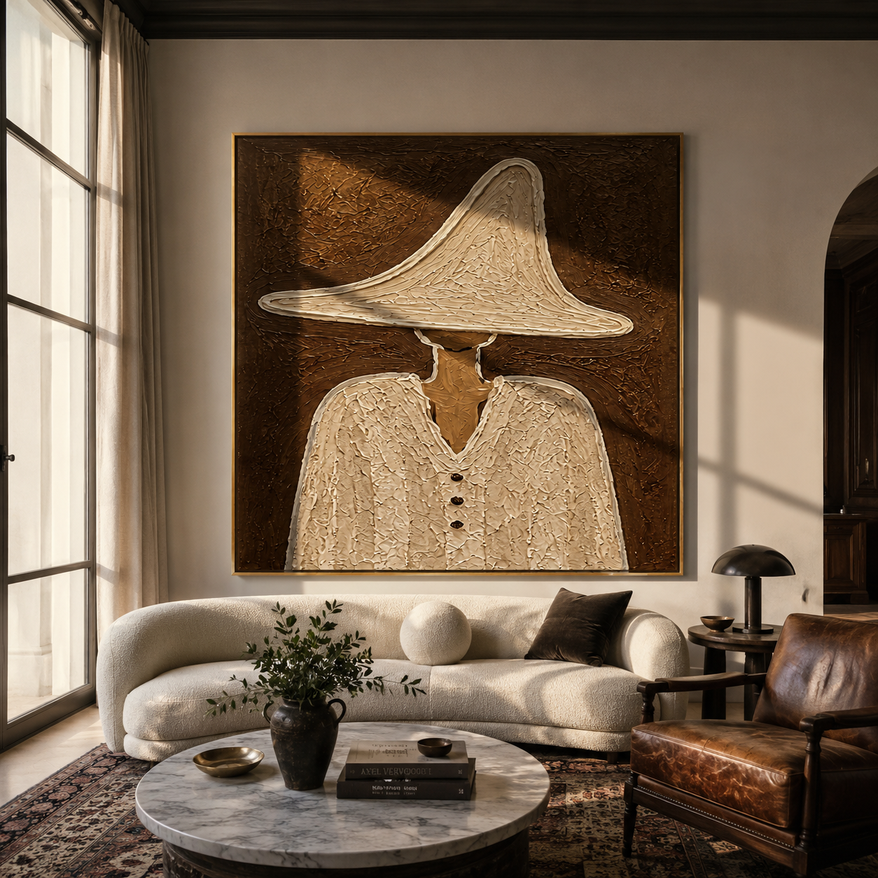 White Peak Holds Buttons - textured white hat figure painting by Elliot Vale, modern figurative square wall art - styled room scene view 5
