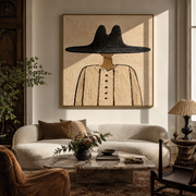 Black Peak Grounds Linen - minimal black hat figure painting by Elliot Vale, modern figurative square wall art - styled room scene view 1