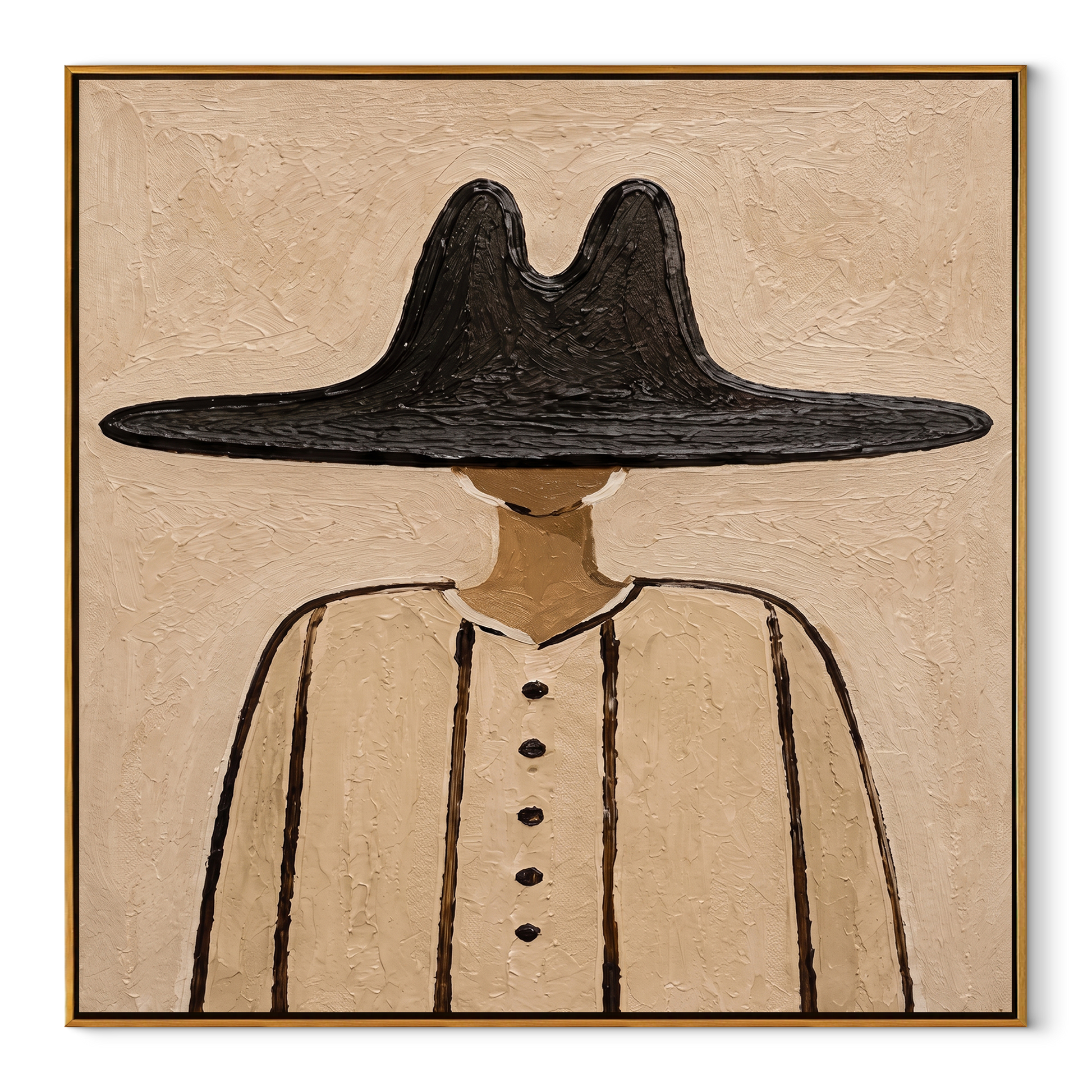 Black Peak Grounds Linen - minimal black hat figure painting by Elliot Vale, modern figurative square wall art - framed artwork on white background