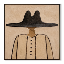Black Peak Grounds Linen - minimal black hat figure painting by Elliot Vale, modern figurative square wall art - framed artwork on white background