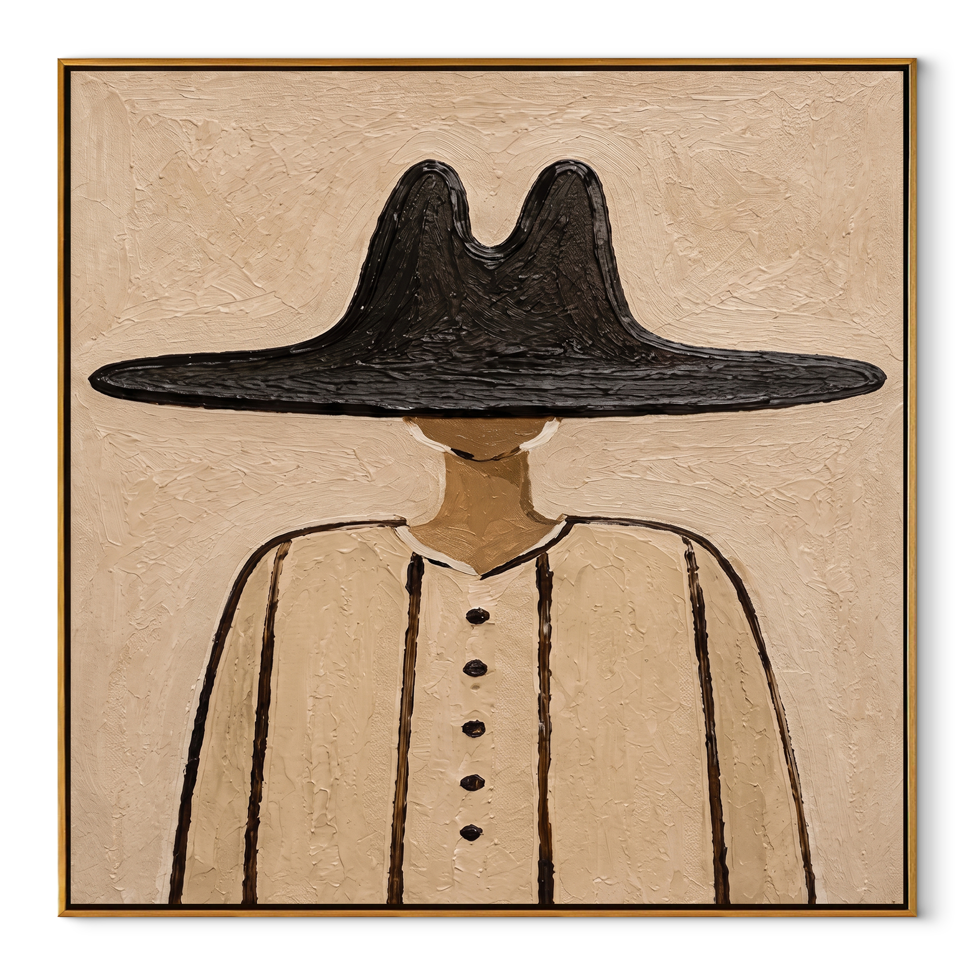 Black Peak Grounds Linen - minimal black hat figure painting by Elliot Vale, modern figurative square wall art - framed artwork on white background