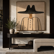 Black Peak Grounds Linen - minimal black hat figure painting by Elliot Vale, modern figurative square wall art - styled room scene view 2