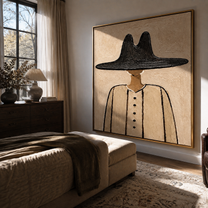 Black Peak Grounds Linen - minimal black hat figure painting by Elliot Vale, modern figurative square wall art - styled room scene view 3
