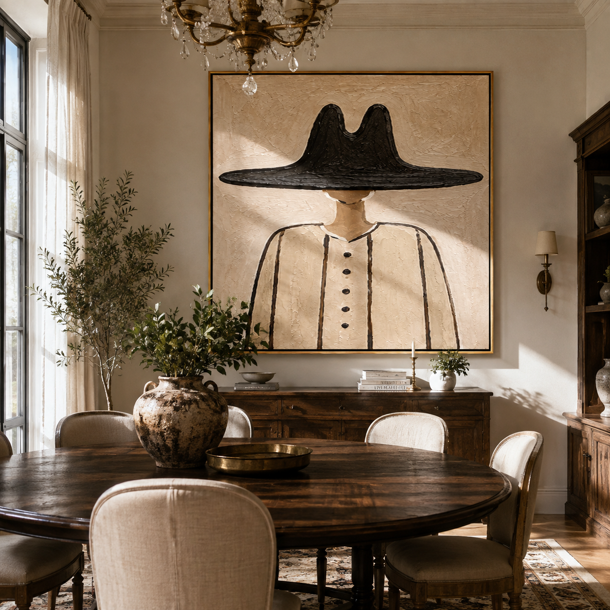 Black Peak Grounds Linen - minimal black hat figure painting by Elliot Vale, modern figurative square wall art - styled room scene view 4