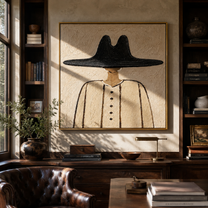 Black Peak Grounds Linen - minimal black hat figure painting by Elliot Vale, modern figurative square wall art - styled room scene view 5