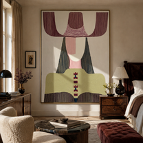 Mauve Horns Frame Green - geometric green figure painting by Elliot Vale, modern figurative vertical wall art - styled room scene view 1