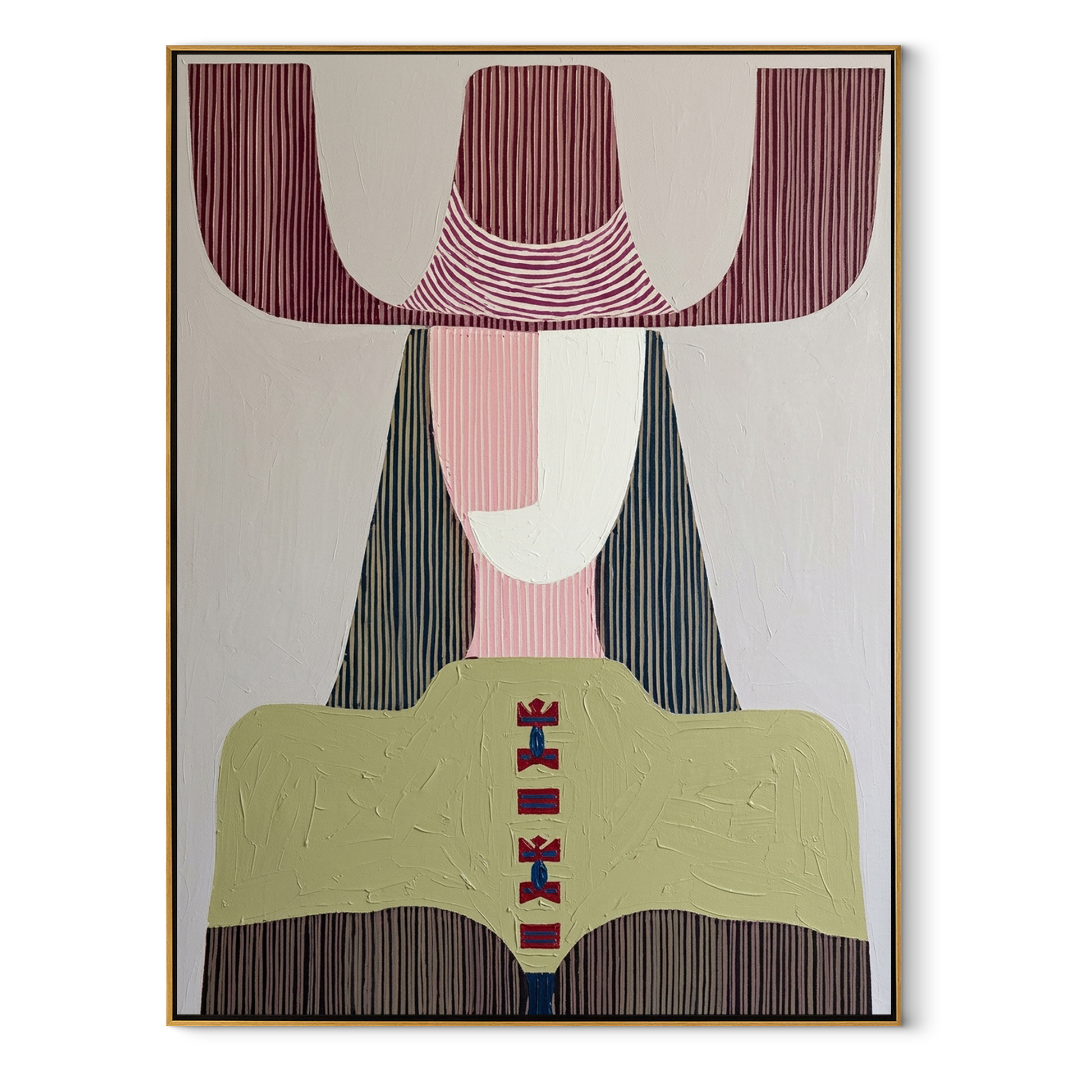 Mauve Horns Frame Green - geometric green figure painting by Elliot Vale, modern figurative vertical wall art - framed artwork on white background