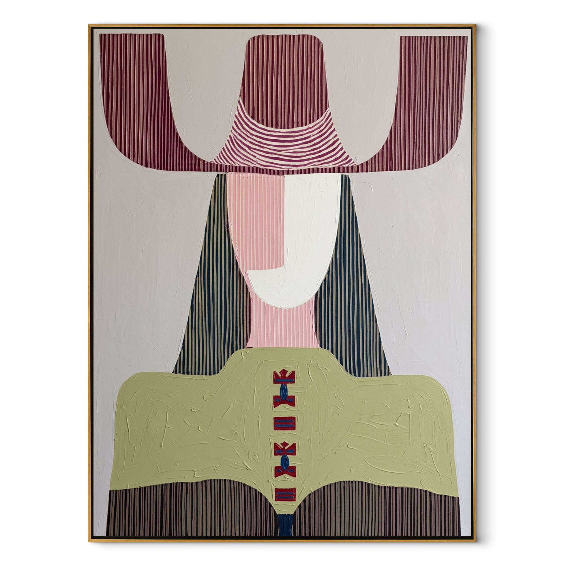 Mauve Horns Frame Green - geometric green figure painting by Elliot Vale, modern figurative vertical wall art - framed artwork on white background
