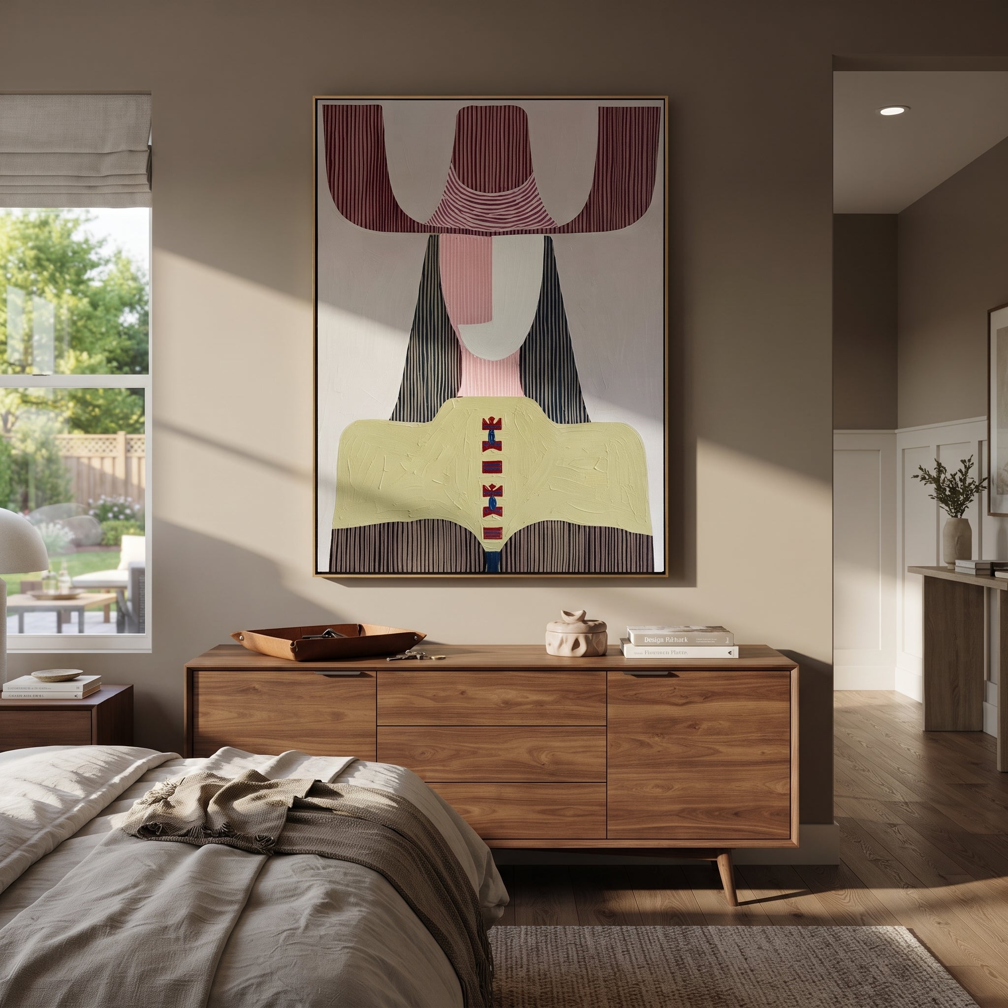 Mauve Horns Frame Green - geometric green figure painting by Elliot Vale, modern figurative vertical wall art - styled room scene view 2