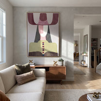 Mauve Horns Frame Green - geometric green figure painting by Elliot Vale, modern figurative vertical wall art - styled room scene view 3