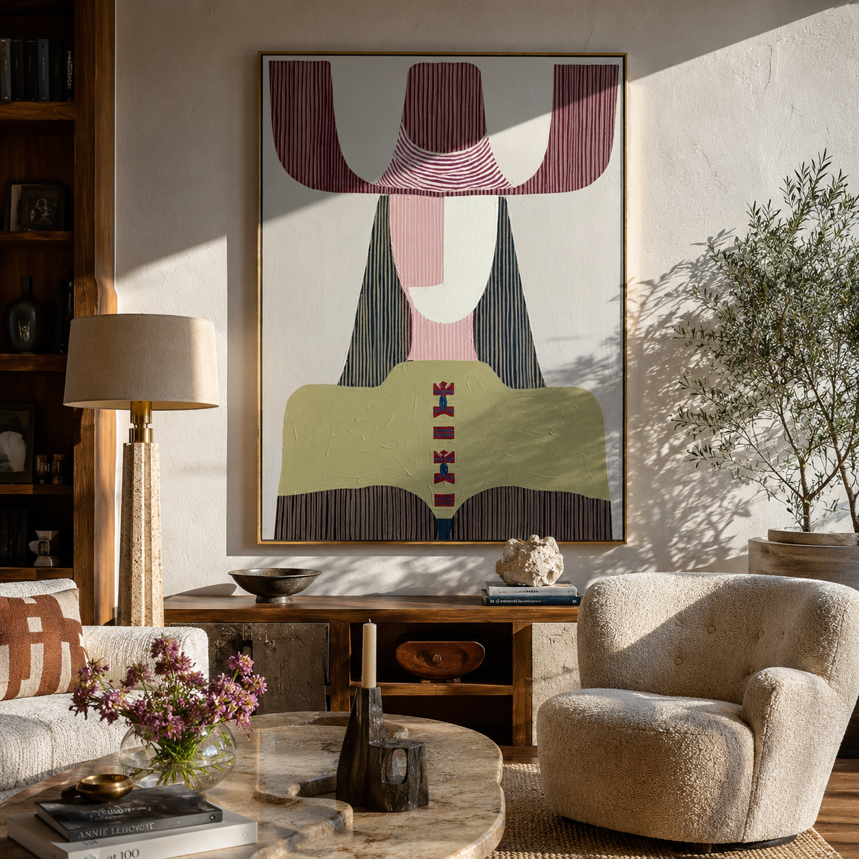 Mauve Horns Frame Green - geometric green figure painting by Elliot Vale, modern figurative vertical wall art - styled room scene view 4