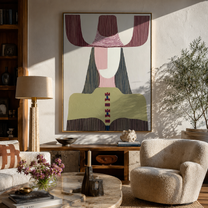 Mauve Horns Frame Green - geometric green figure painting by Elliot Vale, modern figurative vertical wall art - styled room scene view 4