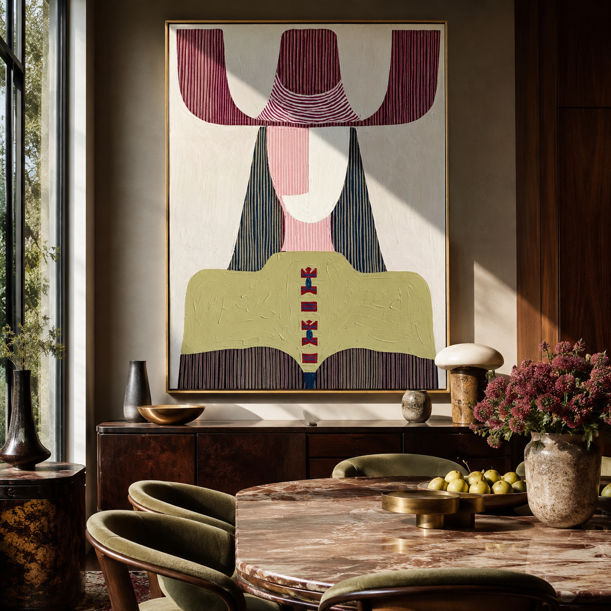 Mauve Horns Frame Green - geometric green figure painting by Elliot Vale, modern figurative vertical wall art - styled room scene view 5