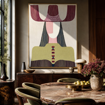 Mauve Horns Frame Green - geometric green figure painting by Elliot Vale, modern figurative vertical wall art - styled room scene view 5