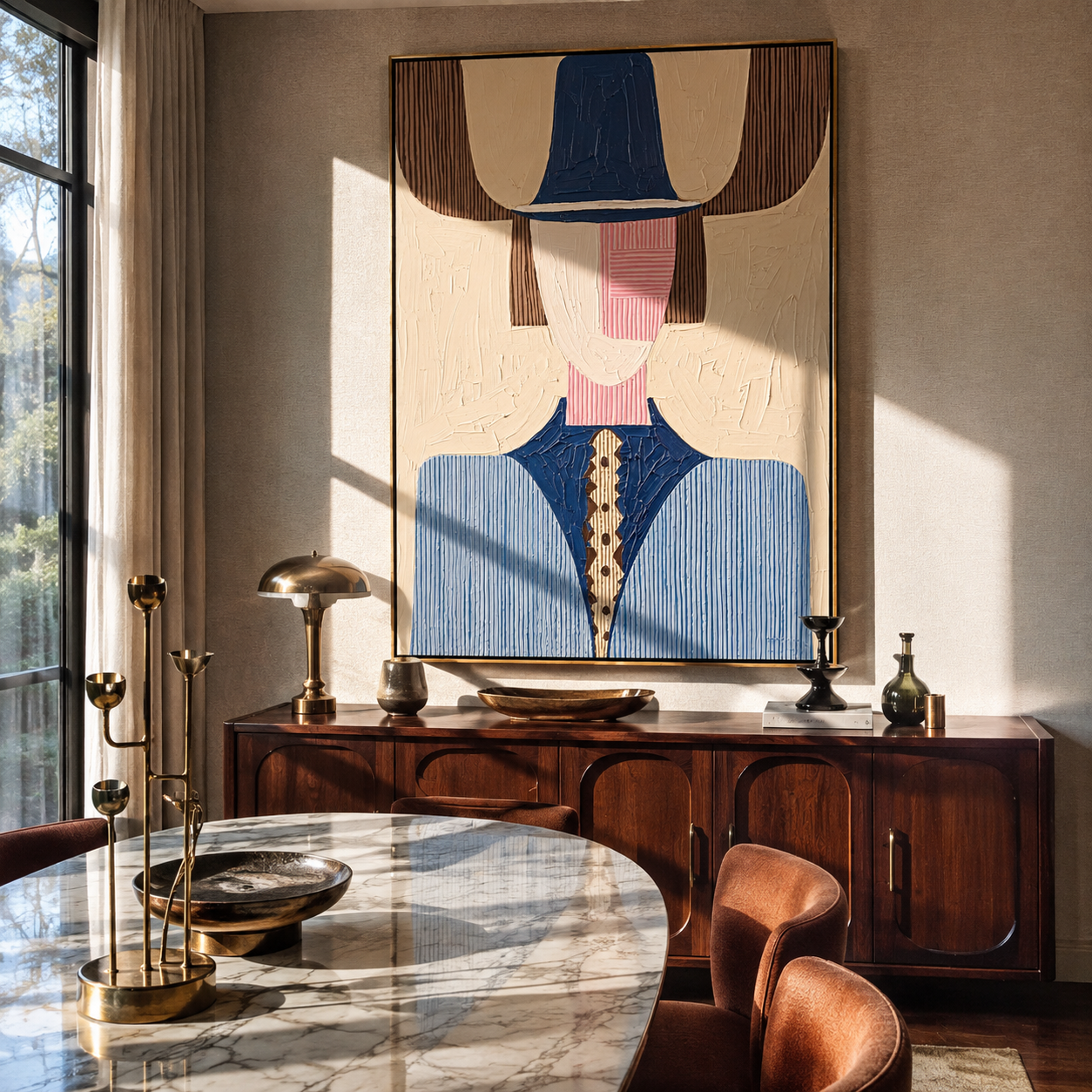 Blue Crown Meets Pink - geometric blue figure painting by Elliot Vale, modern figurative vertical wall art - styled room scene view 1