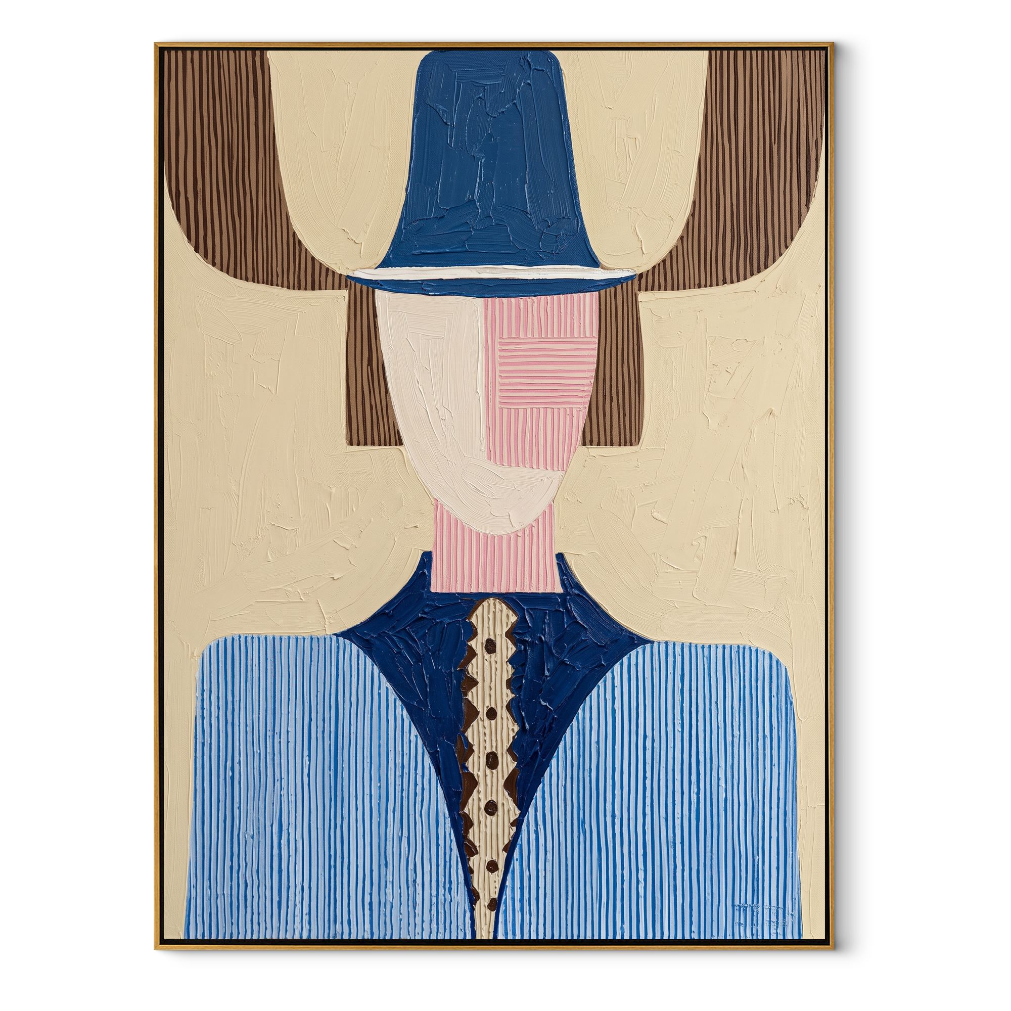 Blue Crown Meets Pink - geometric blue figure painting by Elliot Vale, modern figurative vertical wall art - framed artwork on white background