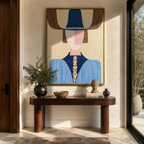 Blue Crown Meets Pink - geometric blue figure painting by Elliot Vale, modern figurative vertical wall art - styled room scene view 2