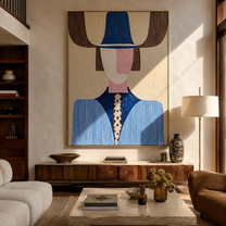 Blue Crown Meets Pink - geometric blue figure painting by Elliot Vale, modern figurative vertical wall art - styled room scene view 3
