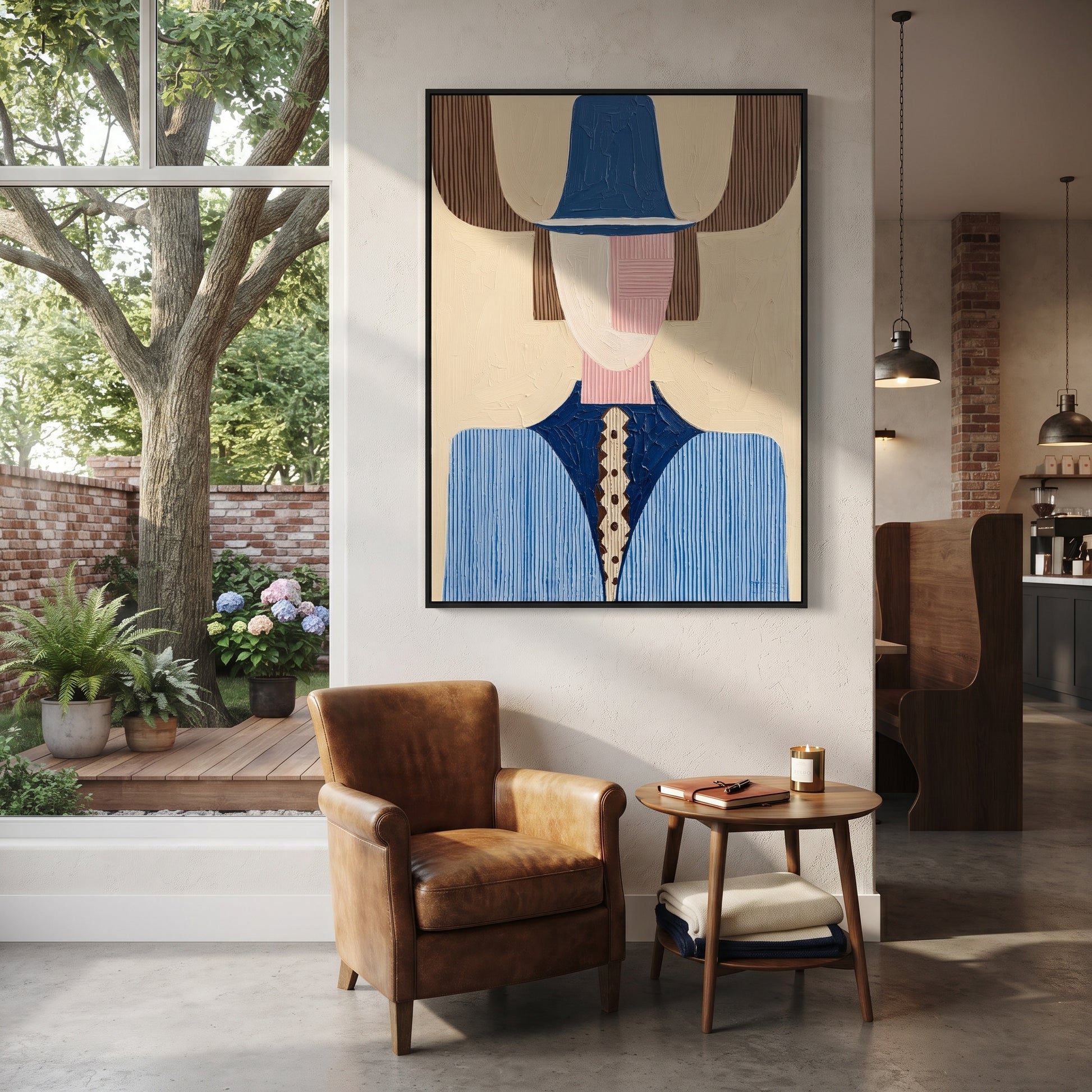 Blue Crown Meets Pink - geometric blue figure painting by Elliot Vale, modern figurative vertical wall art - styled room scene view 4