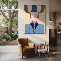 Blue Crown Meets Pink - geometric blue figure painting by Elliot Vale, modern figurative vertical wall art - styled room scene view 4