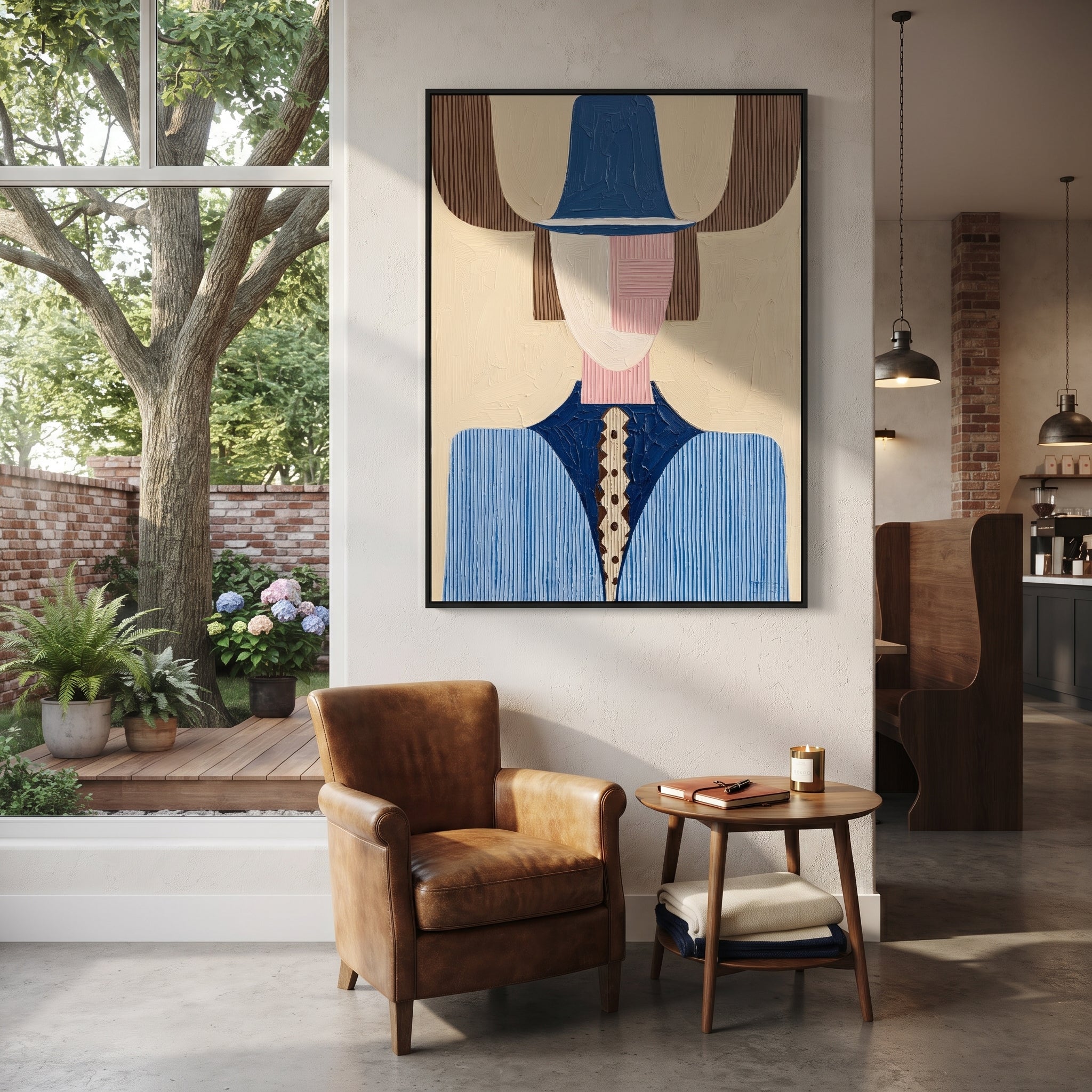 Blue Crown Meets Pink - geometric blue figure painting by Elliot Vale, modern figurative vertical wall art - styled room scene view 4