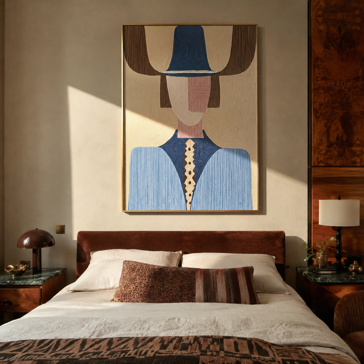 Blue Crown Meets Pink - geometric blue figure painting by Elliot Vale, modern figurative vertical wall art - styled room scene view 5