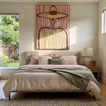 Pink Stripes Hold Sand - pastel striped hat figure painting by Elliot Vale, modern figurative vertical wall art - styled room scene view 1