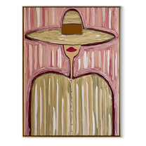 Pink Stripes Hold Sand - pastel striped hat figure painting by Elliot Vale, modern figurative vertical wall art - framed artwork on white background