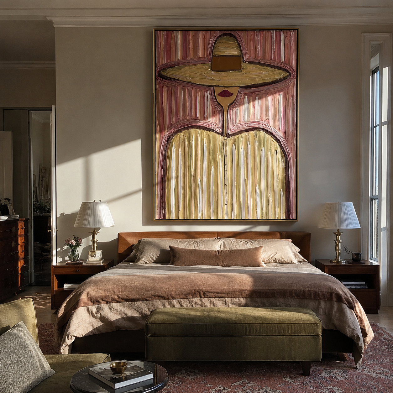 Pink Stripes Hold Sand - pastel striped hat figure painting by Elliot Vale, modern figurative vertical wall art - styled room scene view 2