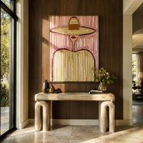 Pink Stripes Hold Sand - pastel striped hat figure painting by Elliot Vale, modern figurative vertical wall art - styled room scene view 4