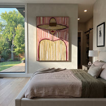 Pink Stripes Hold Sand - pastel striped hat figure painting by Elliot Vale, modern figurative vertical wall art - styled room scene view 5