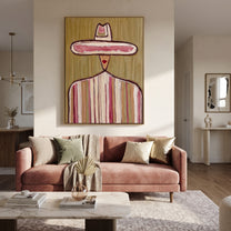 Small Crown Crosses Olive - pastel sombrero figure painting by Elliot Vale, modern figurative vertical wall art - styled room scene view 1