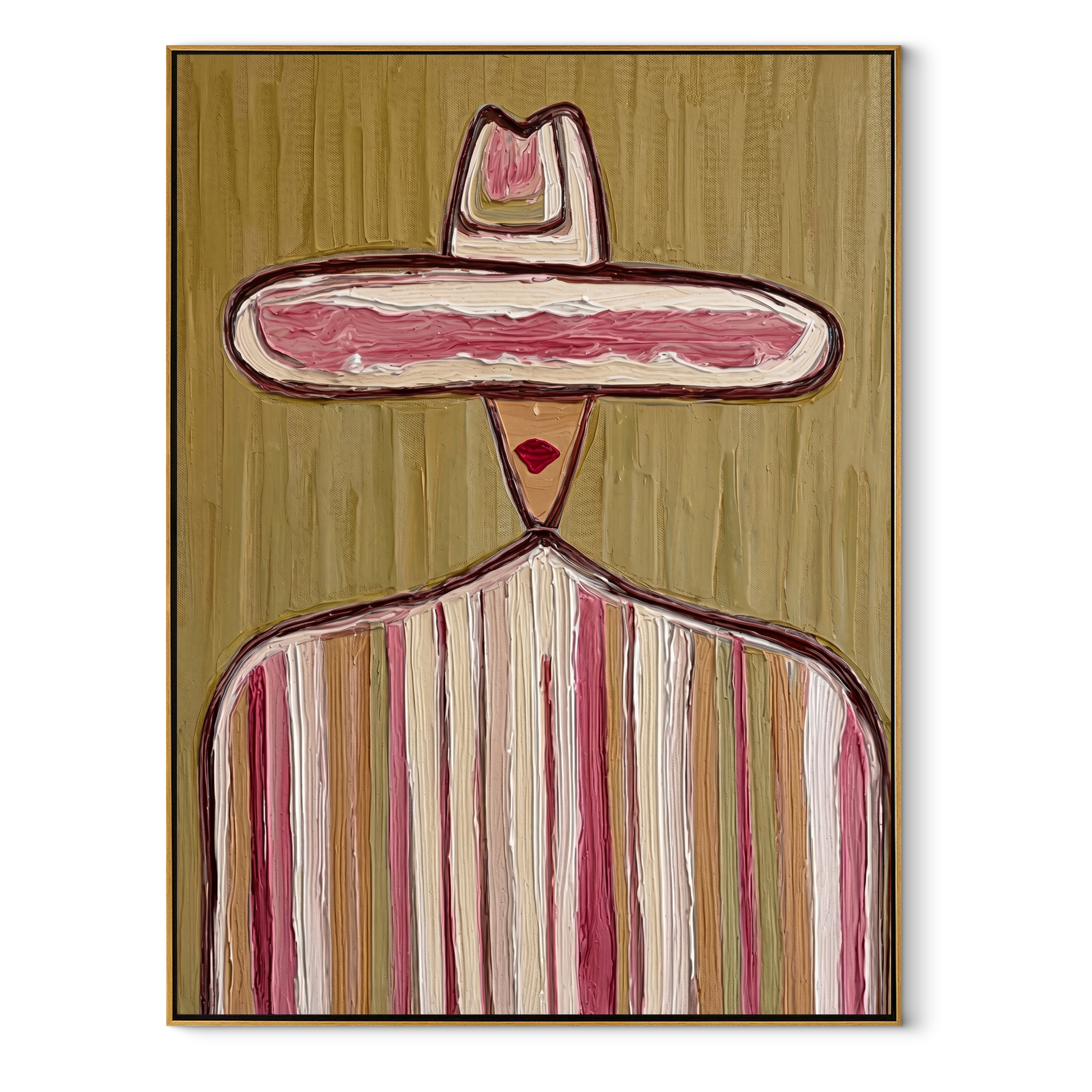 Small Crown Crosses Olive - pastel sombrero figure painting by Elliot Vale, modern figurative vertical wall art - framed artwork on white background