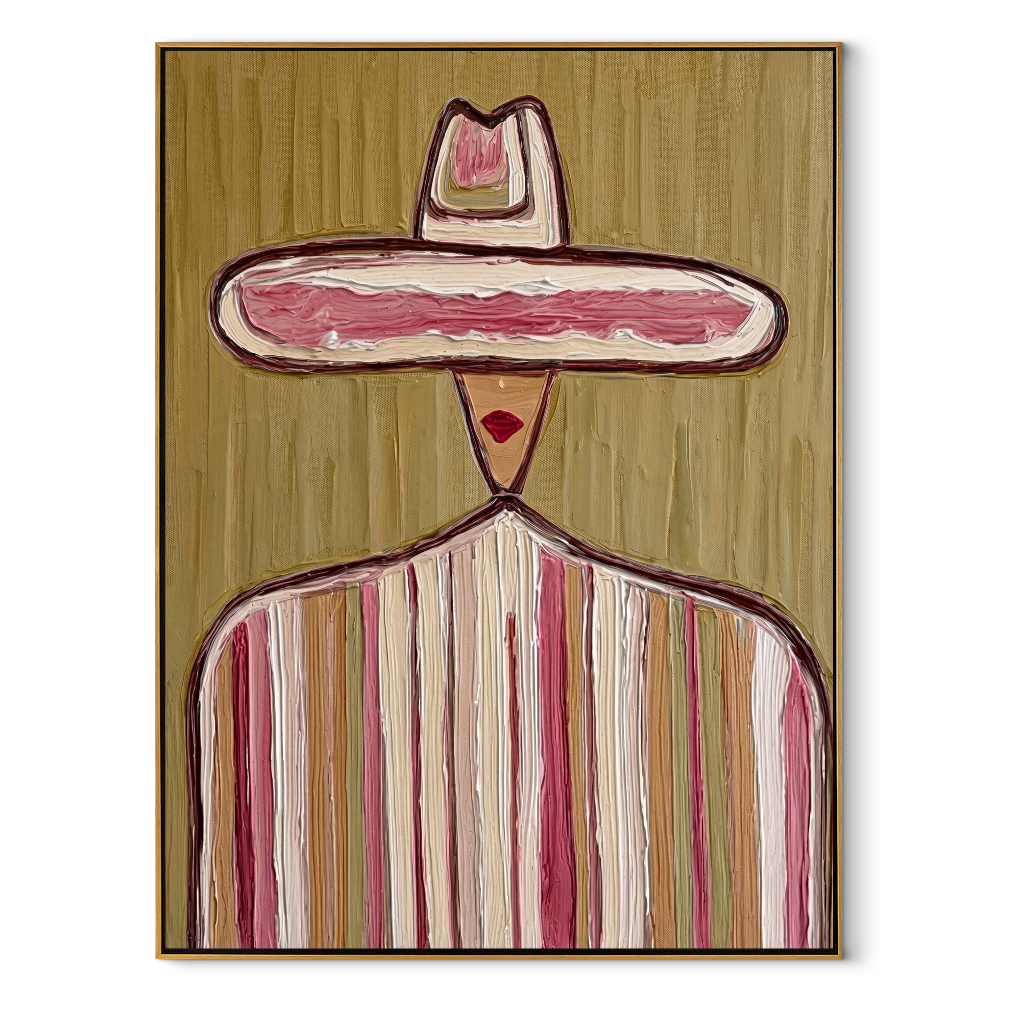 Small Crown Crosses Olive - pastel sombrero figure painting by Elliot Vale, modern figurative vertical wall art - framed artwork on white background
