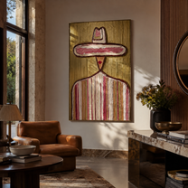 Small Crown Crosses Olive - pastel sombrero figure painting by Elliot Vale, modern figurative vertical wall art - styled room scene view 2